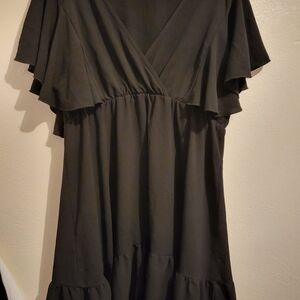 Shien Curve 2XL V Neck Long Dress Top Frilly Black